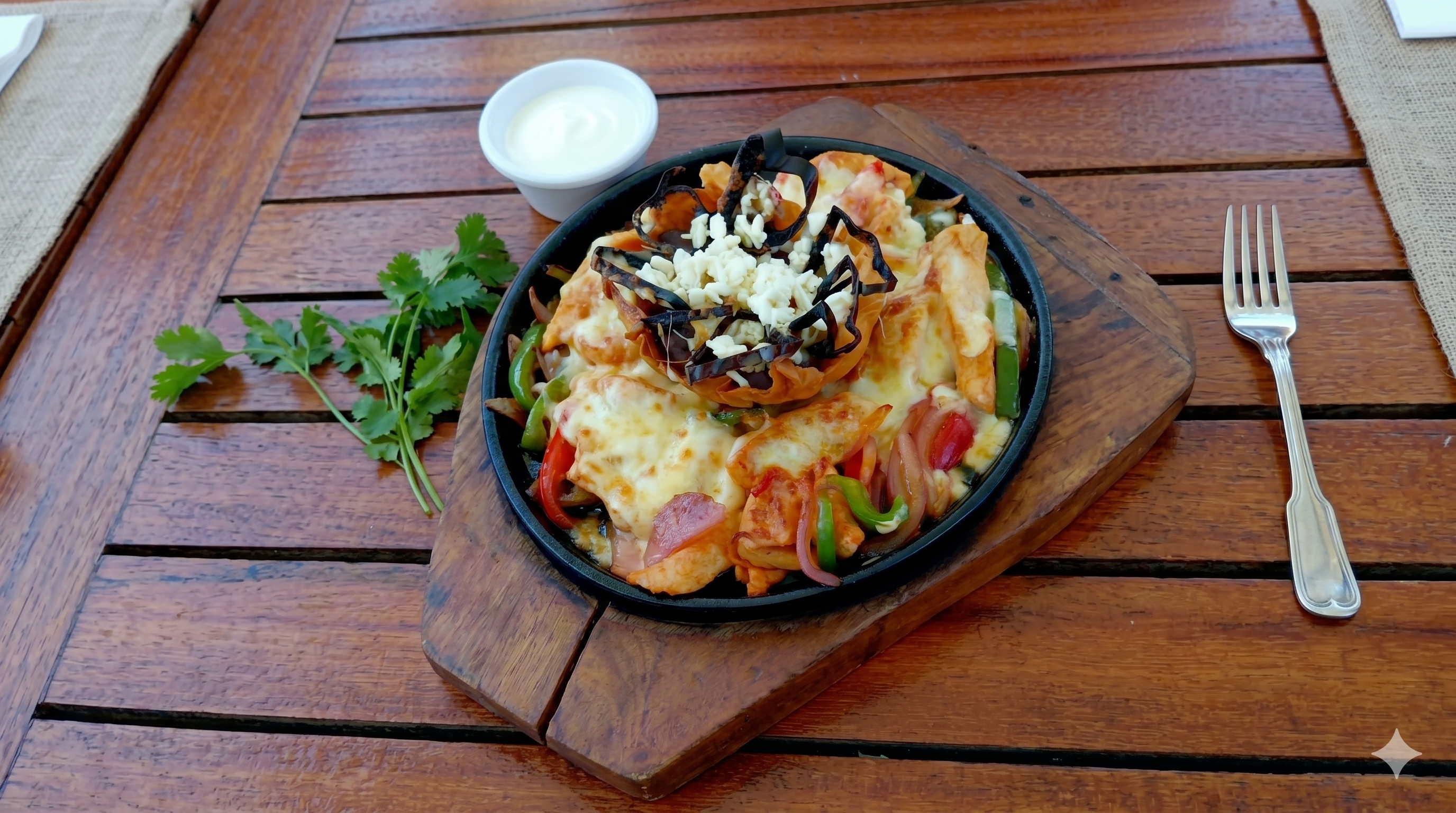 Fajitas Mixtas Gratinadas acompañadas de frijoles refritos
